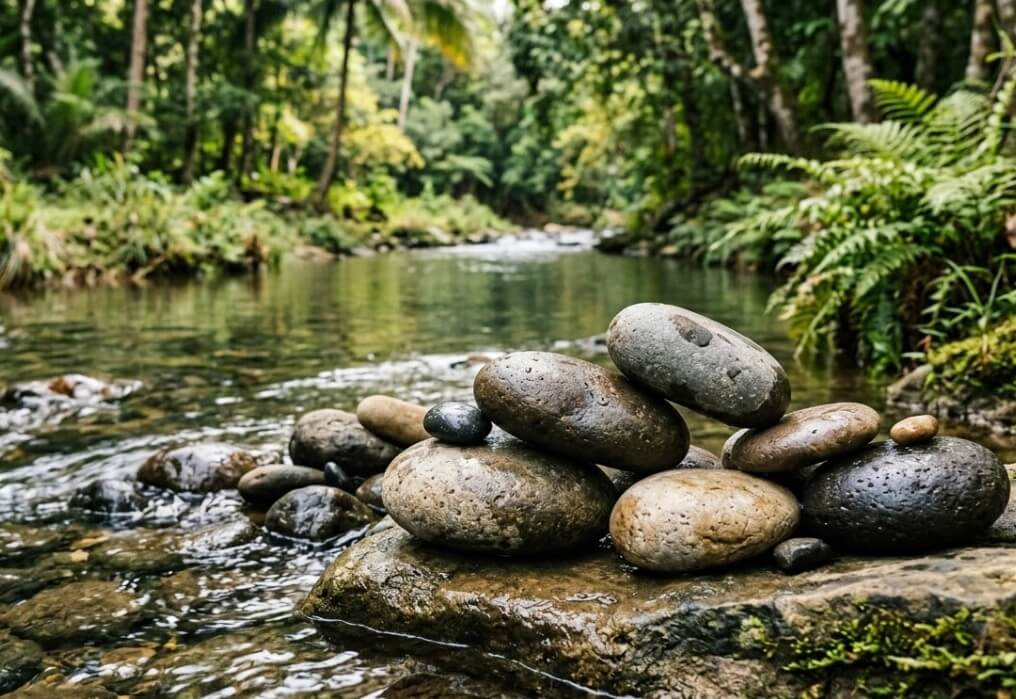 Stacked stones beside flowing river in lush forest, cremation services in Zeeland, MI