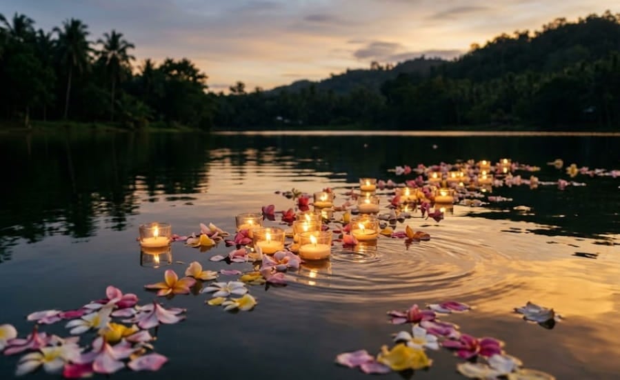 Floating candles and flower petals on calm lake at sunset, cremation services in Hamilton MI