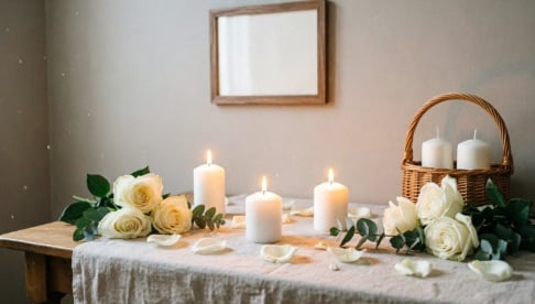 Memorial table with candles and white roses, soft setting, cremation services in Holland MI