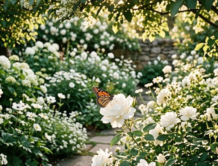 Butterfly resting on white garden flowers along sunlit path, funeral homes in Holland MI