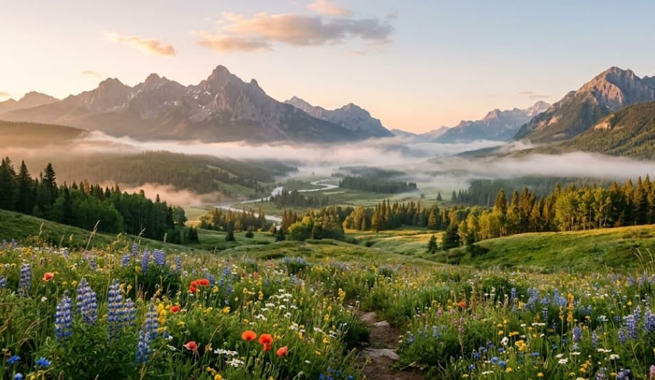 Mountain valley with wildflowers and morning mist, peaceful landscape, funeral homes in Zeeland