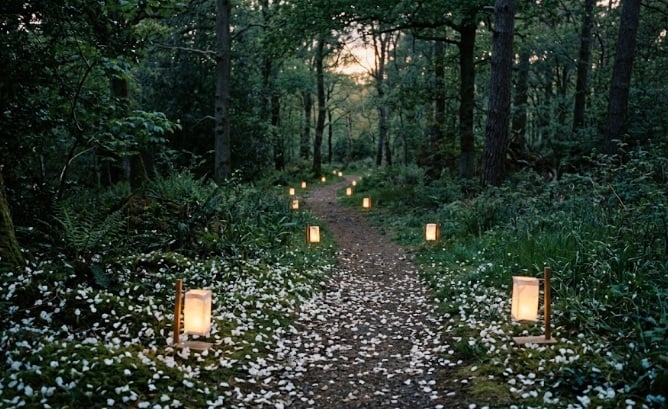 Lantern-lit forest path with flower petals creating a peaceful cremation memorial setting in Hamilton, MI