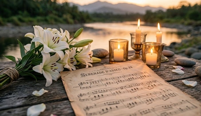 White lilies, candles, and sheet music beside a river during a peaceful cremation memorial in Zeeland, MI