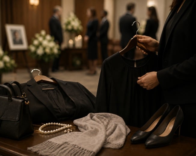 Person holding black funeral attire beside shoes and accessories at a memorial service in Holland, MI