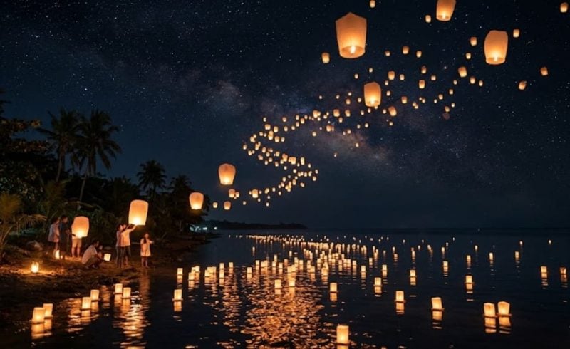 Nighttime ocean memorial with floating lanterns and shoreline gathering for remembrance in Zeeland, MI