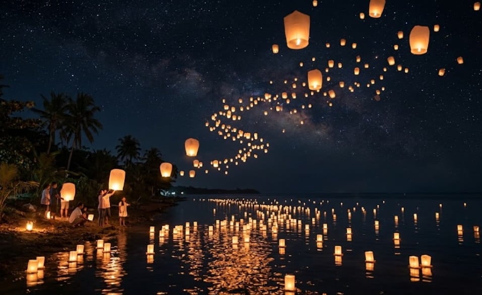 Nighttime ocean memorial with floating lanterns and shoreline gathering for remembrance in Zeeland, MI