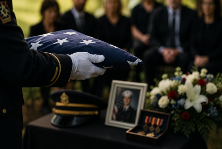 Folded American flag presented during a military funeral service in Hamilton, MI