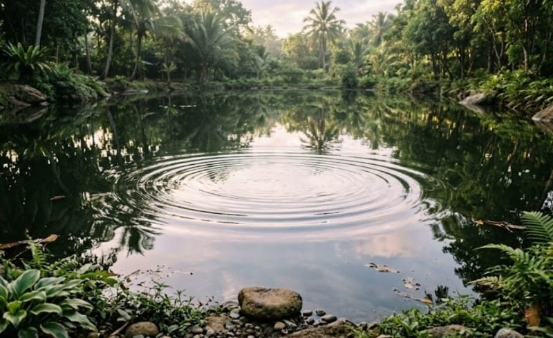 Peaceful pond with gentle ripples surrounded by lush greenery for reflection in Zeeland, MI