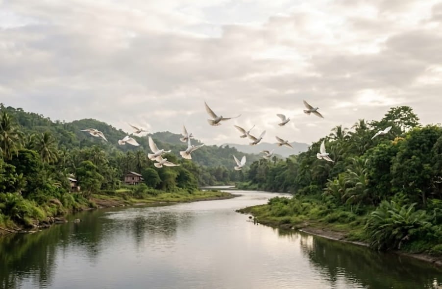 White birds flying over a peaceful river valley symbolizing remembrance in Holland, MI