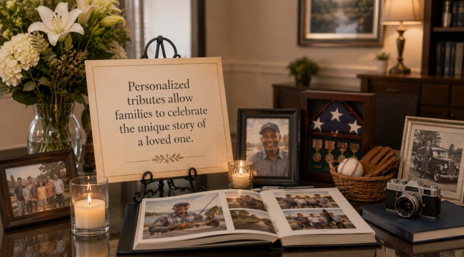 Personalized memorial display with family photos at funeral homes in Holland, MI
