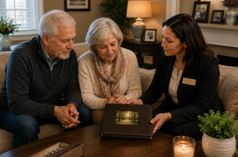 Funeral professional reviewing a memorial album with a family at funeral homes in Zeeland, MI