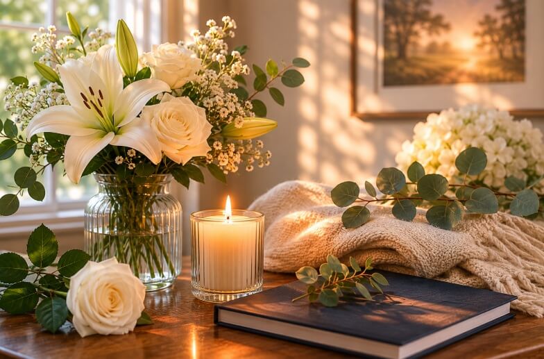 White lilies, roses, and memorial candle creating a peaceful setting at funeral homes in Holland, MI