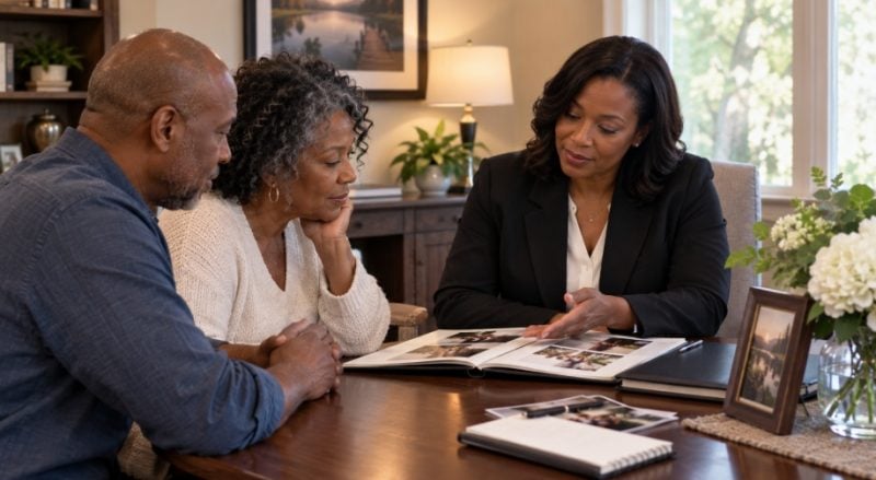 Family reviewing memorial photos with a funeral professional for cremation services in Holland, MI
