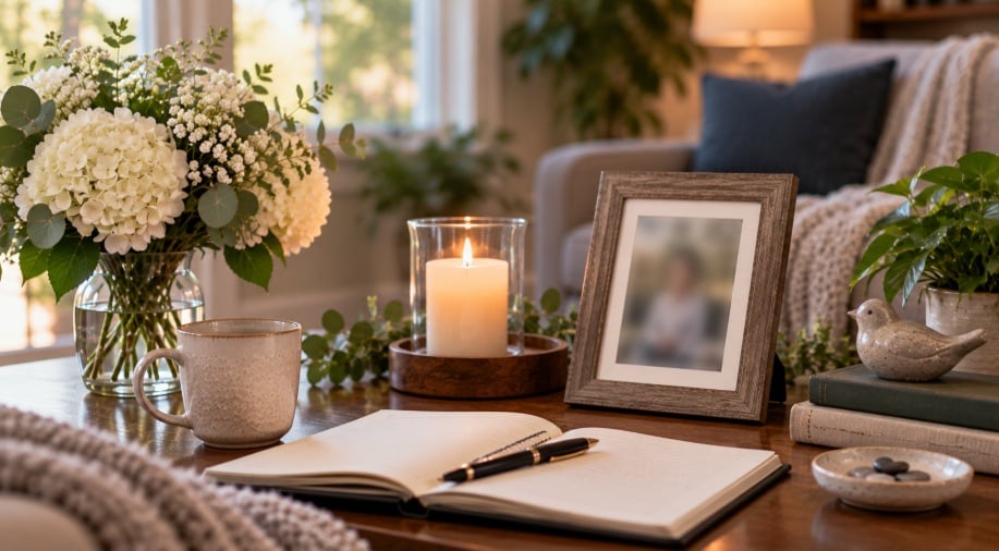 Memorial photo, candle, and flowers representing cremation services in Zeeland, MI