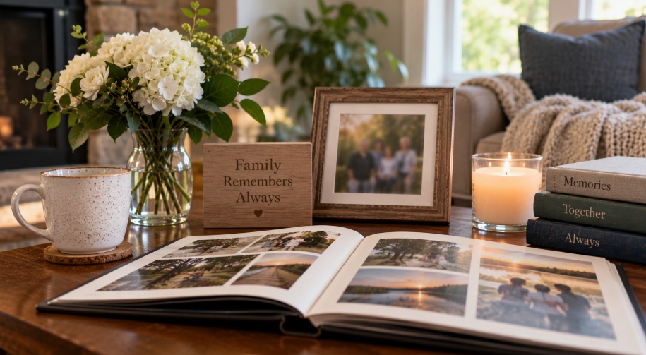 Family memory album with flowers and candle at funeral homes in Hamilton, MI