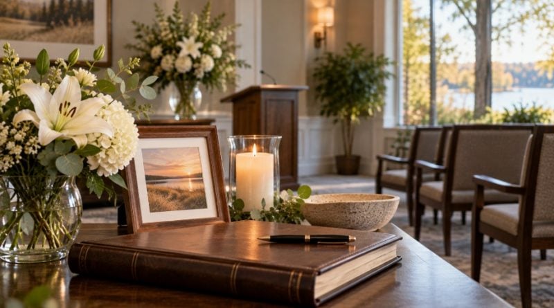 Memorial flowers, candle, and remembrance book at funeral homes in Zeeland, MI